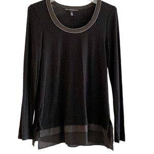 White House Black Market WHBM top blouse black dressy long sleeve satin trim S
C